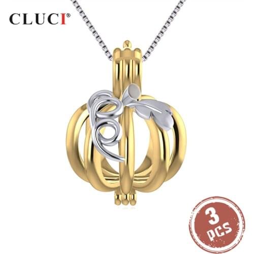 CLUCI 3pcs 925 Sterling Silver Charm Pendant Gold Color Pumpkin Pearl Cage Pendant for Necklace For Women Halloween Gift SC319SB