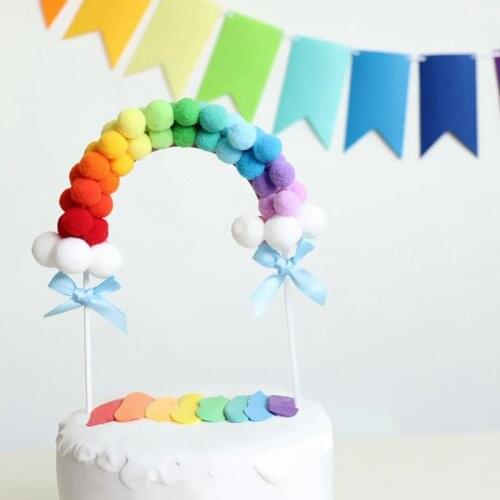 Rainbow Pink Blue Pompom Cloud Cake Topper Happy Birthday Party Wedding Baby Shower Decoration Cake Flags Unicorn Party Supplies