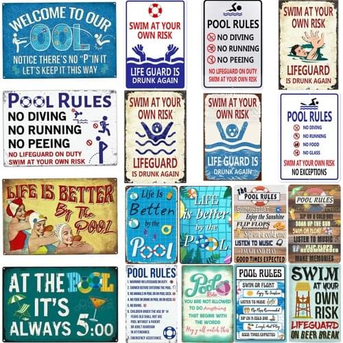 Metal Signs Vintage Warning Sign Pool Rules Metal Poster Decor Pool Club Room Plates Wall Art Plaque Decorative Iron Painting