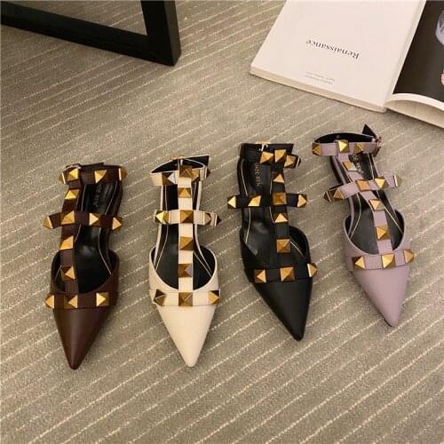 Rivet Sandals For Women Outdoor Wear 2021 Summer New Style Baotou Flat Mules Shoes Pointed Riveting Nail Lazy Half Slippers