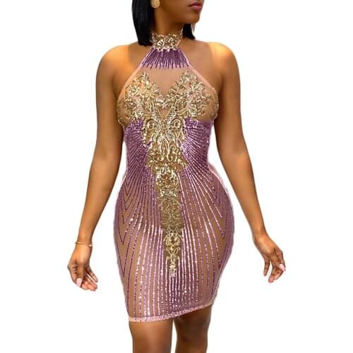 Women’s Sexy Halter Skinny Dress Summer Fashion Sequin Backless High Waist Short Dress