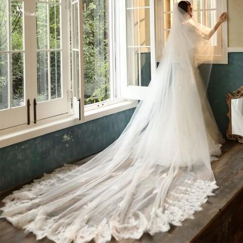 LZP541 New Design Applique Lace Edge Wedding Veil Two Layers Long Bride Veils With Comb Bridal Accessories