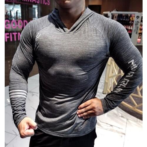 Autumn winter Gym Men T Shirt Casual Long Sleeve Slim Tops Tees elastic tight T-shirt Sports Fitness comfort Quick dry Hooded