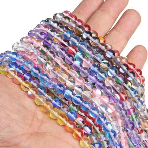 Smooth Moonstone Beads Glass Round Austria Crystal Beads Glitter Moon Stone Loose Beads for Jewelry making DIY 15" 6mm 8mm 10mm