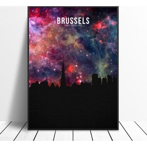 BRUSSELS Starry City Skyline Canvas Wall Art Print Modern Poster Wall Pictures Living Room Decor