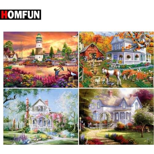 HOMFUN Paint With Diamond Embroidery "House garden tree" Diamond Painting Full Square Round Picture Of Rhinestone Decor