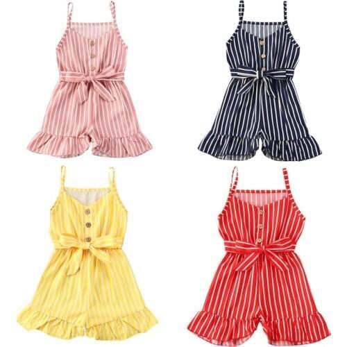 Infant Baby Girls Striped Printed Rompers Overalls Suspenders Sleeveless Ruffles Jumpsuits Single Breasted Girls Jumpsuit Outfit