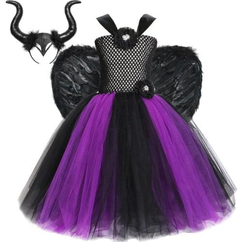 Purple Black Halloween Costumes Girls Kids Long Witch Tutu Dress Outfits with Horns Wings Sleeping Devil Queen Cosplay Costume