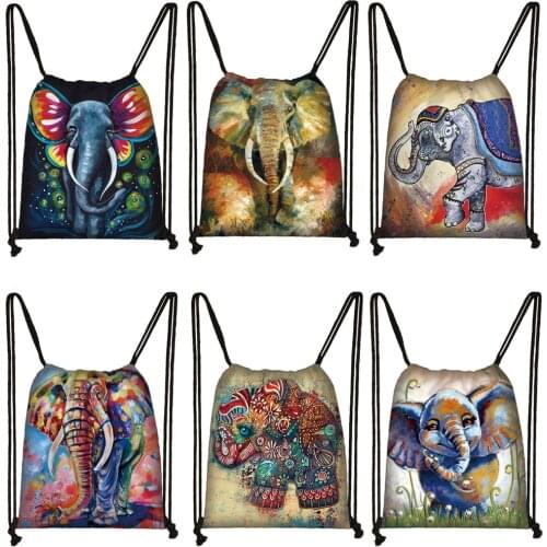 Colorful Oil Painting Elephant Print Drawstring Bag Women Casual Backpack Girls Storage Travel Bags Bookbag Ladies Shoes Holder