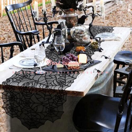 Lace Halloween Table Runner Black Spider Web Table Runner for Halloween Dinner Party Scary Movie Nights Table Decoration
