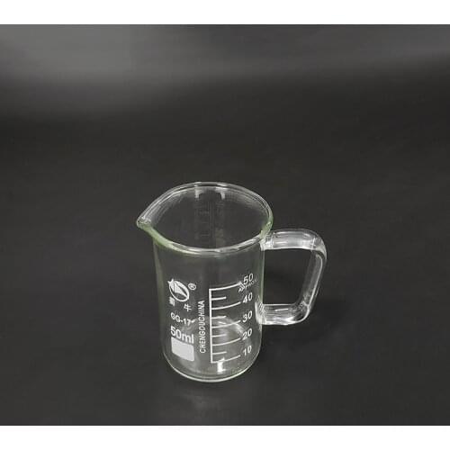 With handle Beaker in tall form,Capacity 50ml,Outer diameter=40mm,Height=68mm,Laboratory beaker