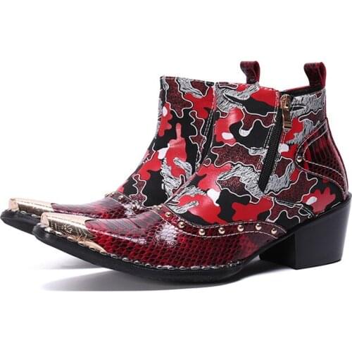 Red Pacthwork Mens Boots Casual High Heel Motorcycle Boots Gold Square Toe Leather Work Boots Rhinestone Zipper Shoes Winter