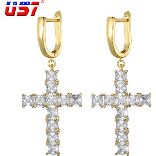 US7 Micro Paved Cross Dangle Earring Full Bling Iced Out Cubic Zircon Gold Silver Color Drop Earrings Men Womem Hip Hop Jewelry