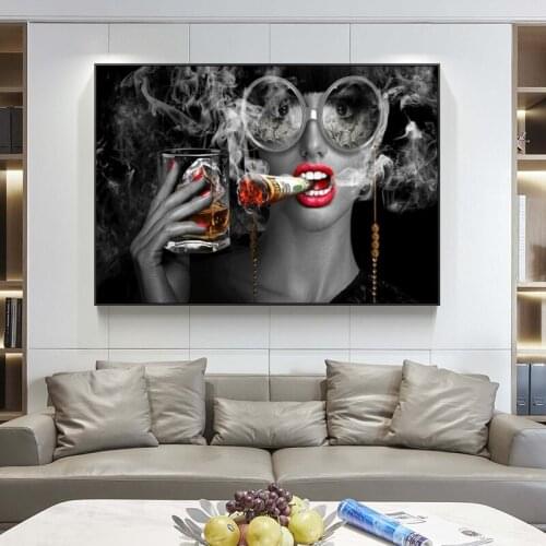 Bar Wall Decor Cool Smoking and Drinking Girl Poster Print on Canvas Fashion Makeup Woman Wall Pictures Home Decoration No Frame