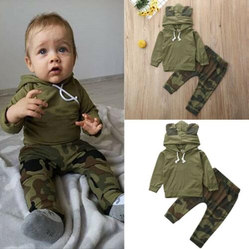 2020 New Fashion Newborn Baby Boy Girls Long Sleeve Camo T-shirt Tops + Pants Outfit Baby Clothing