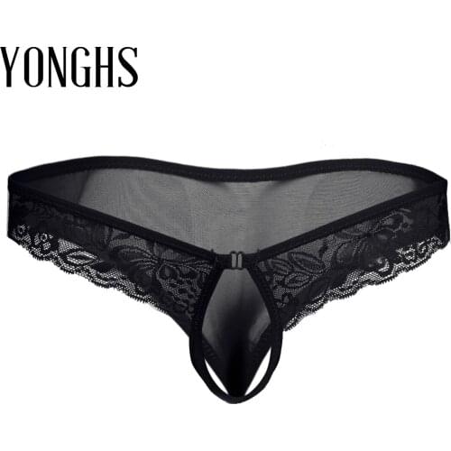 Sexy Mens Lingerie Sex Underwear Lace Mesh Bikini Briefs Exotic Gay Homme Underwear Semi-see Through Underpants with Penis Hole