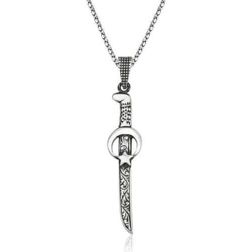 Silver Moon Star Sword Male Necklace