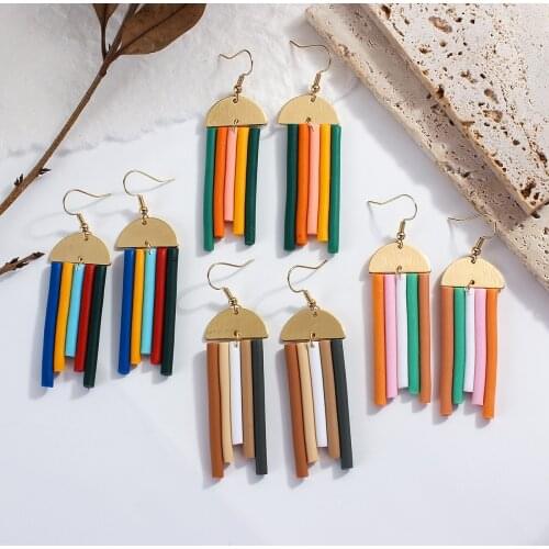 Lifefontier Handmade Colorful Strip Polymer Clay Earrings for Women Gold Color Metal Clay Long Hanging Earrings Unusual Jewelry