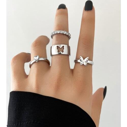 Stillgirl 4Pcs Punk Butterfly Silver Color Matching Rings for Women Kpop Cute Heart Crystal Set Female Y2k Fashion Jewelry Bauge