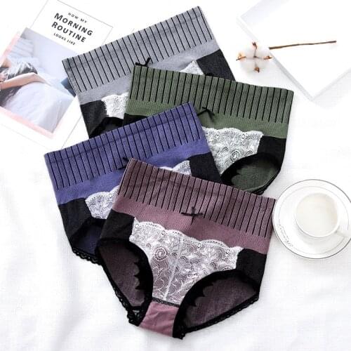 Womens Cotton Panties 4Pcs Lace Patchwork Women Underpants Solid Girls Briefs Sexy Female Lingerie M-XL High Waist Underwear