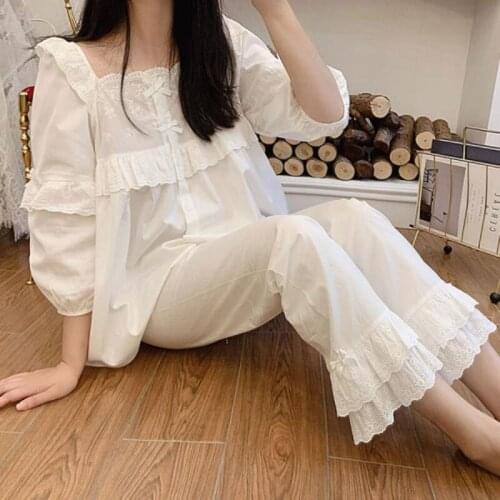 Vintage White Cotton Pajamas Sets Women Autumn Long Sleeve Cute Sleep Tops Bottoms Pants Kawaii Pyjamas Sleepwear Home Nightwear