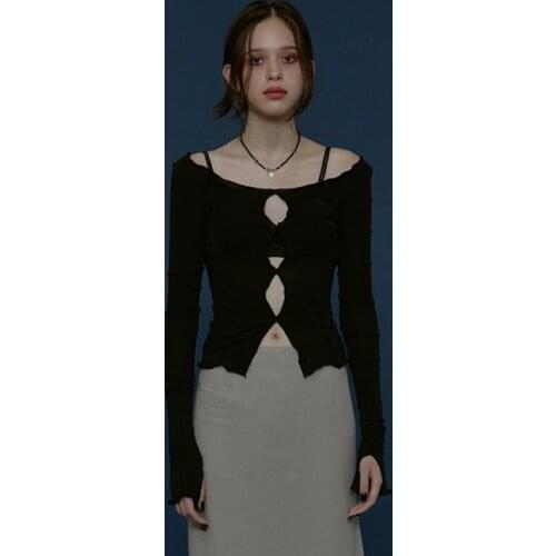 Female Punk Style Off Shoulder T-Shirt Long Sleeve Striped Line Hollow Patch Street Top