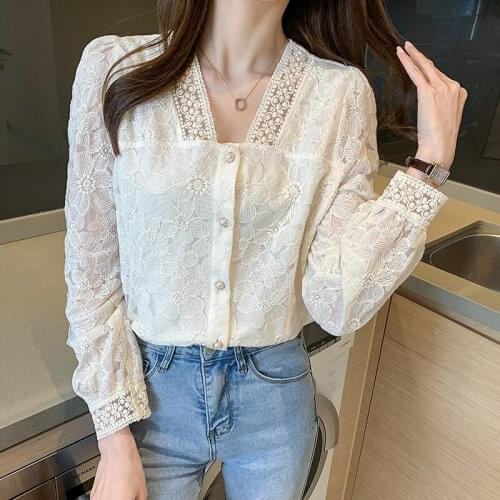 2021 Spring Autumn New Korean Women Lace Shirt Lantern Sleeve Pullover Straight V-neck Blouses Office Lady Clothes Hollow Out