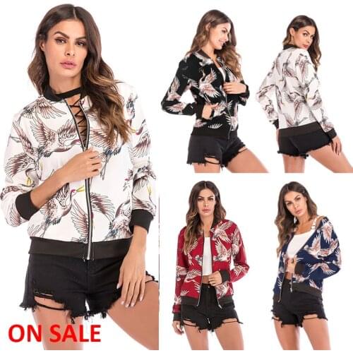 Womens Stand Collar Zip Up Prints Bomber Jacket Long Sleeve Crane Pattern Zipper Casual Wear