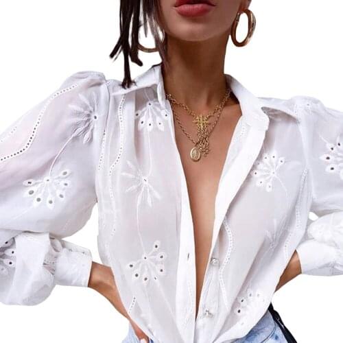 Women Crochet Lace Shirt Long Puff Sleeve Casual Flower Embroidery Button Down Blouse Office Lady Hollow Out White Shirt Top