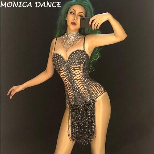 Women Sexy Stage Bodysuit Black Tassel Silver Sparkling Crystals Jumpsuit Nightclub Birthday Party Wear Singer Dance Costumes