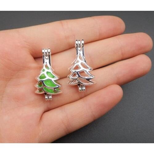 10pcs Bright Silver Hollow Christmas Tree Jewelry Making Supplies Pearl Beads Cage Pendant Essential Oil Diffuser Trendy Locket