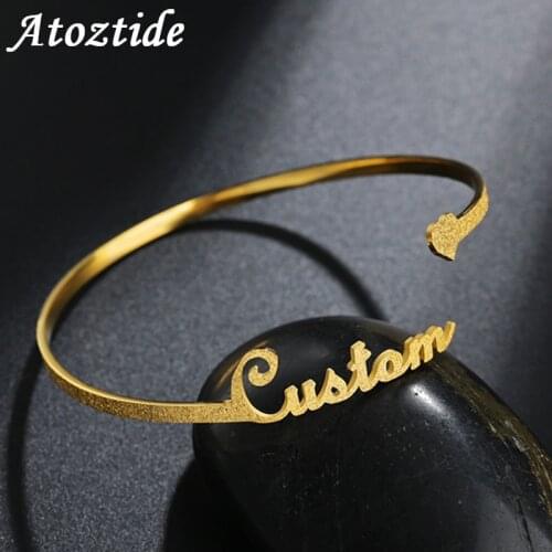 Atoztide 2020 New Personalized Custom Frosted Name Bracelet Adjustable Stainless Steel Open Love Bangle Jewelry Gift For Lover
