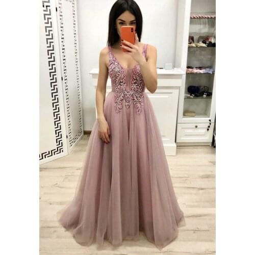 Long Tulle Beaded Appliques Prom Dresses 2021 V Neck Formal Evening Party Dress Lace-up Back vestidos de gala
