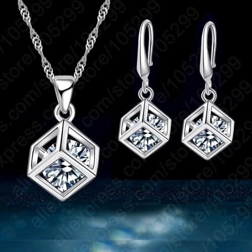 Cube 925 Sterling Silver Pendant Necklace Hook Earrings Jewelry Sets With Cubic Zirconia Top Quality Women Accessory