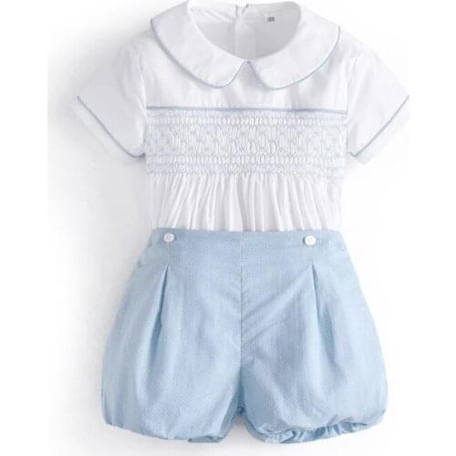 2021 Summer Baby Boys Smocking Outfits Spanish Infant Newborn Birthday Party Clothes Set Boys Smocked White Shirt+Shorts Suits
