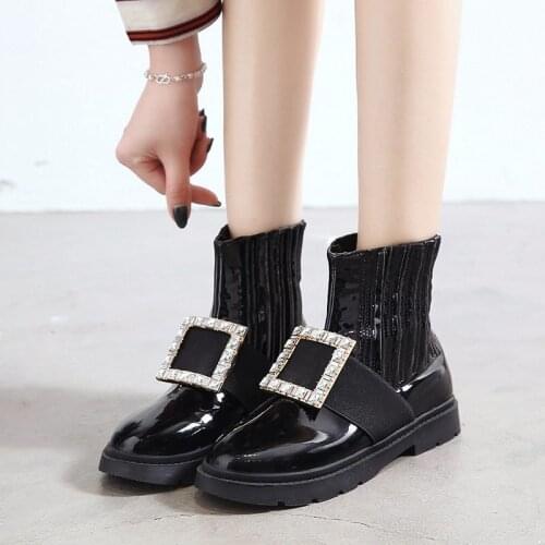 New Breathable Martin Boots Rhinestones Buckle Cattle Paint Leather Boots Round Head Flat Chelsea Womens Boots