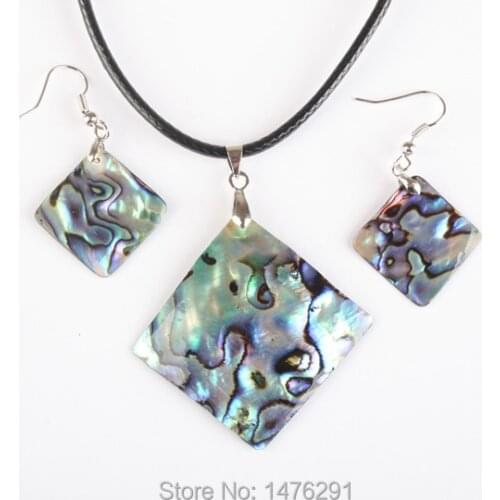 New Natural Abalone Shell Rhombus Blue Thin Beads Pendant Necklac & Earring 1 Set