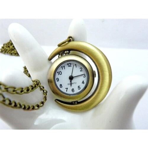 New Style Sun and Moon Pendant Fashion Necklace Watch Vintage Bronze Chain Jewelcy Pocket Watch 12pcs/lot Free Shipping