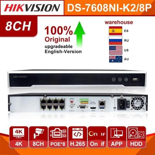 Hikvision Original 8CH 4K POE NVR DS-7608NI-K2/8P Network Video Recorder nvr for POE IP cctv Surveillance camera security system