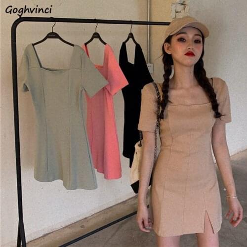 Women Short Sleeve Dress Solid Side-slit Simple Square Collar Bodycon Booty Slim Sexy Party Night Date Office Lady Elegant Retro