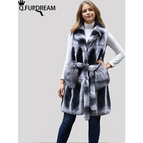Q.FURDREAM Winter Clothing Stand Collar Natural Rex Rabbit Fur Coat Vertical Stripes Sleeveless Warm Thick Fashion Luxury Jacket