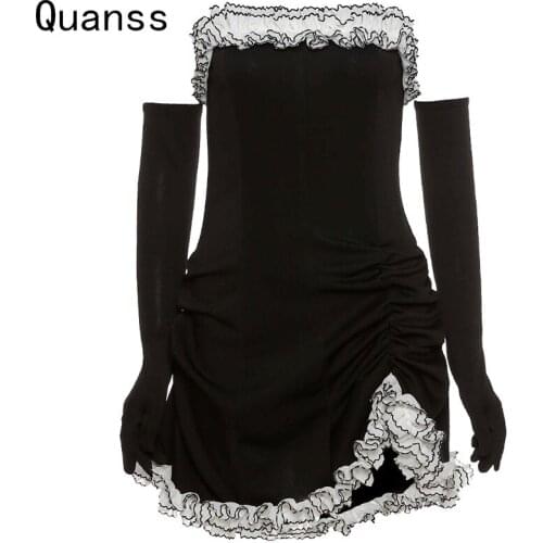 Quanss Off Shoulder Black Party Short Dress Women 2021 Summer Fashion Strapless Bodycon Sexy Dresses Ruffles Elegant Vestido