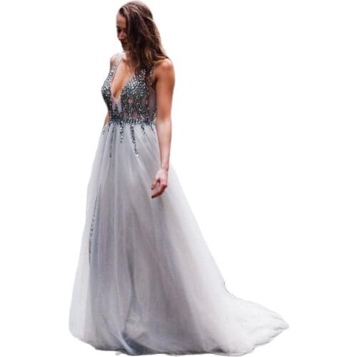 Sexy Evening Split Prom Dresses Real Image V Neck Bodice Beading Crystal with Sweep Train Open Back Party Gown