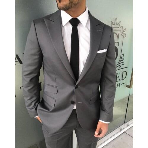 Gray Men Tuxedos Suits Formal Wears Peaked Lapel Two Buttons Best Men Groom Mens Wedding Tuxedos Custom Made
