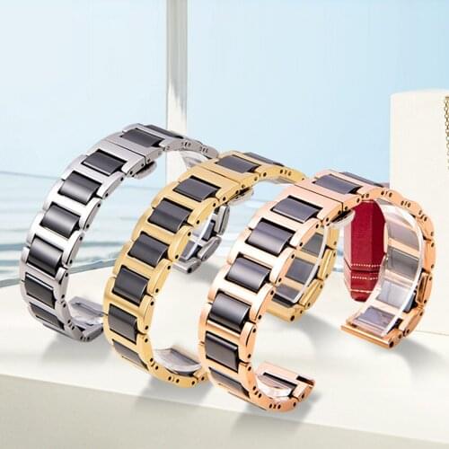 Replacement Two Tone Ceramic Steel Watch Band Strap Universal Watch Bracelet Straps with Metal Buckle Clasp 18mm