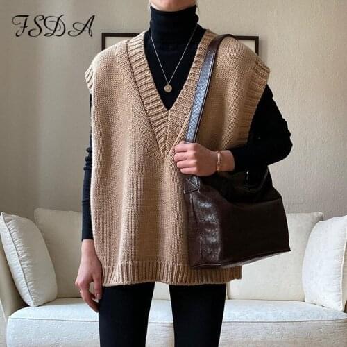 FSDA V Neck Knitted Vest Sweater Sleeveless Women Khaki Casual Pullover Black 2020 Autumn Winter Gray Jumper Fashion