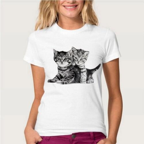 New Summer Womens Short Sleeve Cat Life T-Shirt High Quality Casual Tees Kittens Two Black And White Design Streetwear Tops