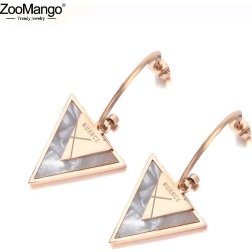 ZooMango Titanium Stainless Steel Geometric Triangle Earrings For Women Girls Fashion Bohemia White Shell Party Earrings ZE19180