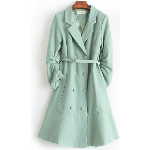 Yellow Windbreaker Women Overcoat Autumn Wear Double-breasted Slim Ruffle 2020 Fashion Green Women Trench Coat With Belt Z910