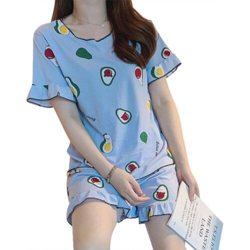 Women Summer Short Sleeve 2 Piece Pajamas Set Cartoon Puppy Orange Avocado Print Sleepwear Ruffles Loose Loungewear L/XL